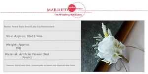 Detailed view of white calla lily wedding corsage with dimensions 10x13.5cm and hemp rope