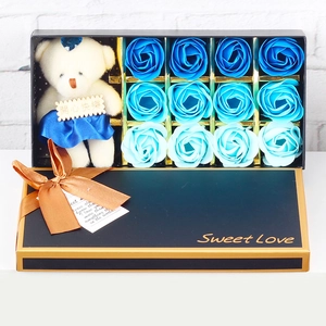 Blue gradient soap rose gift box with plush bear and elegant black Sweet Love packaging