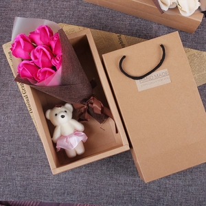 Pink soap rose gift set in kraft box with teddy bear and handmade paper bag