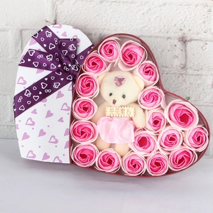 Heart-shaped gift box with pink gradient soap roses and a plush bear holding a charm