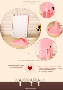 Pink rectangular LED makeup mirror featuring 22 light beads and rotating storage base