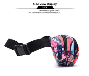 Side view of sports waist bag with vibrant graffiti print and dual zipper closure