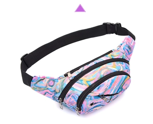 Detail of colorful abstract waist bag showing headphone port and zippers
