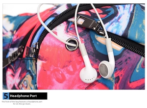 Detail view of the specialized earphone port on this colorful graffiti sports waist bag