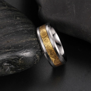 Men's tungsten steel ring featuring gold dragon pattern on a dark stone background