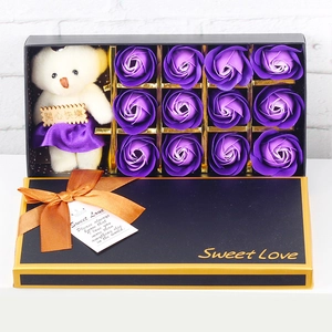 Black gift box featuring 12 purple soap roses and a plush bear with a Sweet Love lid