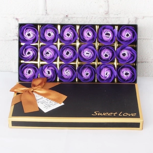 Black gift box with 18 purple gradient soap roses, brown ribbon, and Sweet Love gold text
