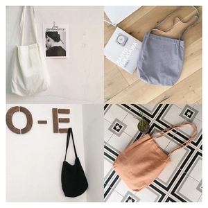 Collage of minimalist washed cotton linen tote bags in white, gray, black and brick red