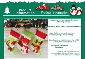 Detail of three 45cm Christmas stockings with 3D Santa, Snowman, and Reindeer dolls