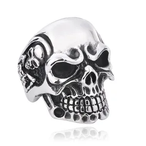 Skull Head Ring Gothic Punk Rock Style Distressed Vintage Titanium Stainless Steel Jewelry For Men
