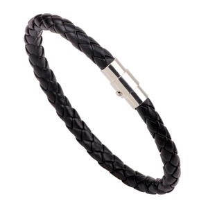 Classic black braided PU leather bracelet for men featuring a rotating silver magnetic clasp