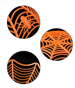Detail view of orange spider web fruit bowl showing eco-friendly plastic and 3D spider decor