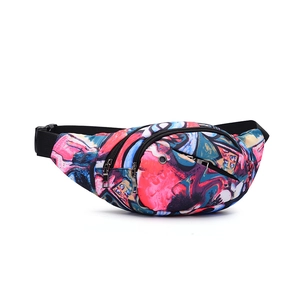 Waterproof waist bag with colorful graffiti print, adjustable strap, and headphone port