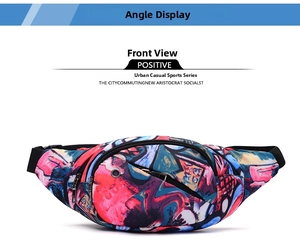 Front detail of graffiti print fanny pack showing zip pockets and buckle strap