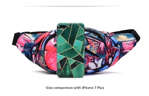 Waterproof graffiti waist bag size comparison shown next to a smartphone