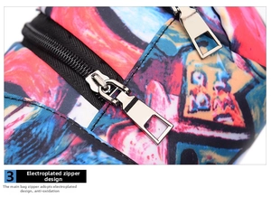 Detail of colorful graffiti waist bag with electroplated anti-oxidant metal dual zippers