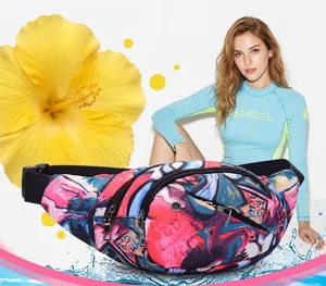 Detail view of fashion sports waist bag featuring colorful artistic graffiti patterns