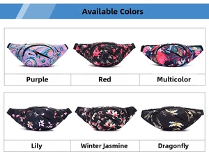 Detailed grid showing six multi-pattern waist bags with adjustable black straps