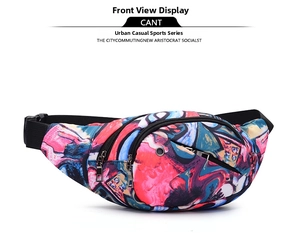 Detail of the multi-compartment fanny pack with colorful abstract graffiti art patterns