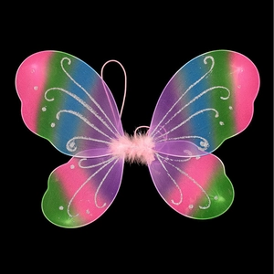 Colorful gradient butterfly wings with silver glitter and pink feather for kids costumes