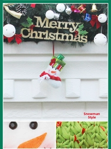 Detail of Christmas snowman stockings featuring knitted patterns and Merry Christmas text