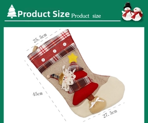 Detailed dimensions of Christmas stockings with Santa and tree motifs for decor