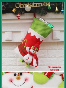 Detail of 3D snowman Christmas stocking with knitted textures and festive decorations