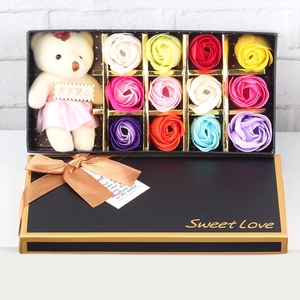 Soap rose gift box with teddy bear and 11 colorful flowers for Valentine's Day present