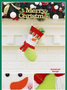 Detail of Snowman Christmas stocking with red scarf and 3D gift box decoration features