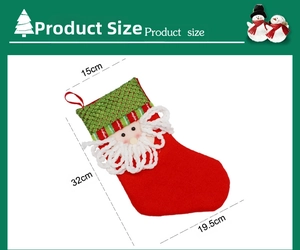 Detailed size chart for Christmas stocking featuring Santa Claus 3D design and measurements