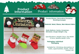 Detailed view of 19cm Christmas stockings with Santa, snowman and elk 3D cartoon designs