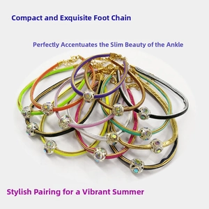 Close-up of colorful cord anklets featuring hollow silver beads with multi-color rhinestones