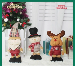 Three retractable Christmas plush toys showing original size before height extension