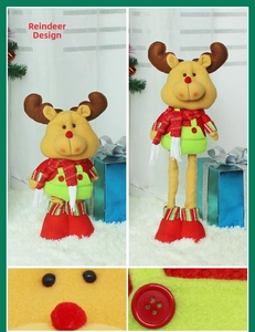 Detailed four-view collage of retractable leg reindeer plush with adjustable height feature