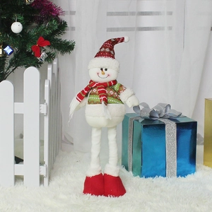 Classic plush Christmas snowman doll with retractable legs and red knit sweater decoration