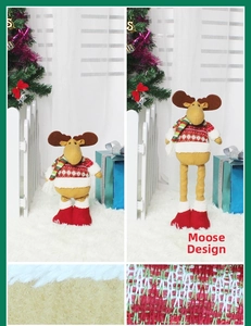 Detail view of telescopic reindeer plush decor with snowflake sweater and striped scarf