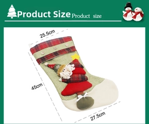 Detailed size view of linen Christmas stocking with Santa and plaid tree motifs