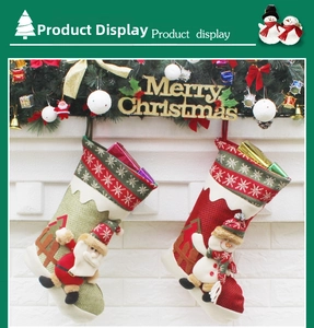 Detail of Christmas stockings with snowman and Santa appliques hung by a cozy fireplace
