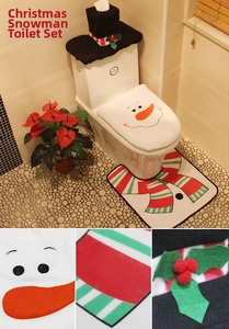 Detail view of Snowman themed 3-piece Christmas toilet seat cover and rug set for holiday decor