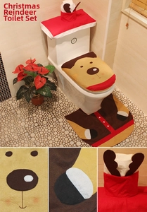 Three-piece Christmas reindeer toilet cover set including mat and tank cover for holiday decor
