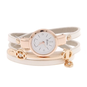 Women's fashion wrap-around wristwatch with white thin leather strap and rose gold accents
