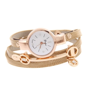 Light brown multi-wrap leather strap watch with rose gold case and rhinestone accents