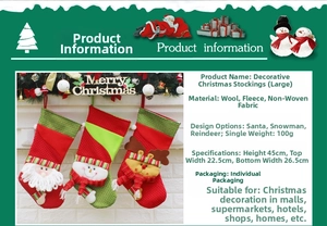 Detail showing Santa, Snowman, and Reindeer plush Christmas stockings with size measurements