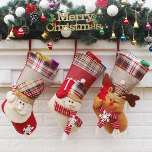 Large Christmas Stocking Gift Bag Non-Woven Fabric Handmade Plaid Pattern Santa Claus Snowman Reindeer Holiday Fireplace Decoration