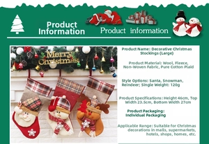 Close-up of three decorative Christmas stockings featuring Santa, Snowman and Reindeer