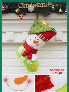 Close-up of knitted texture and snowman design on a festive red and white Christmas stocking