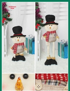 Detail of telescopic snowman doll with adjustable legs and festive black and red plaid scarf