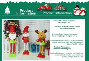 Detail of retractable plush Santa Claus, snowman, and reindeer toys with height specs