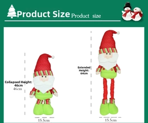 Adjustable height dimensions showing telescopic Christmas Santa doll from 46cm to 64cm