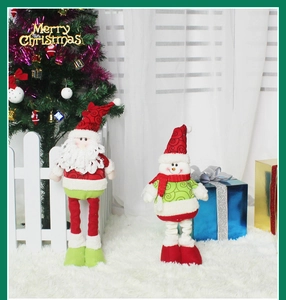 Close-up of telescopic Santa and snowman plush dolls on a festive white rug background